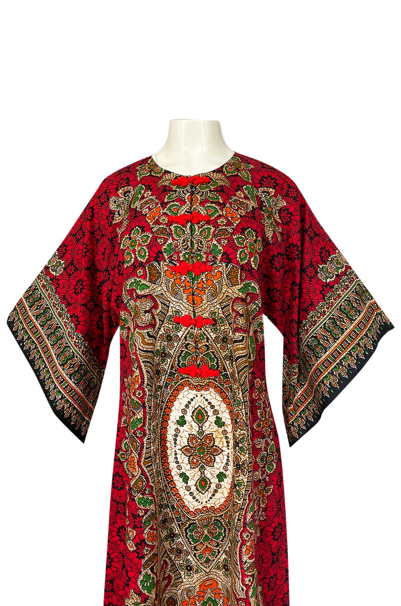 1960s Unlabeled Red Thai Print Cotton Caftan Dress w Frog Knot Detail