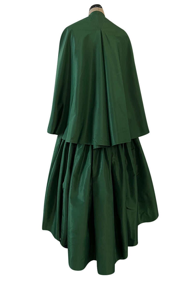 Rare 1977 Madame Gres Haute Couture Dress & Cape in a Deep Green Silk Taffeta