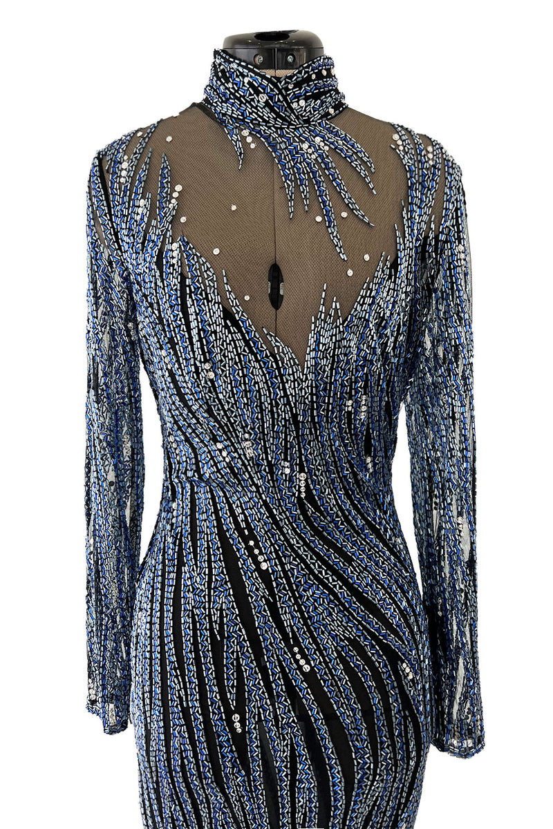 Incredible 1980s Bob Mackie Blue & Silver Beaded & Sequin Dress on Black Net