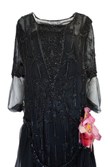 Teens or Early 1920s Unlabeled Sequin & Bead on Silk Chiffon Dress