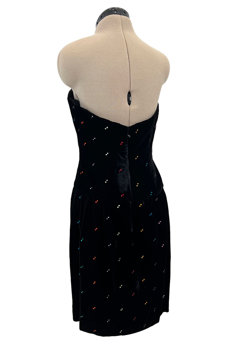 Fabulous Fall 1979 Oscar de la Renta Runway Rhinestone Detailed Velvet Strapless Dress