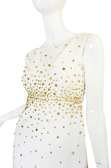 1960s Gold Studded White Cotton Waffle Weave Pique Dress