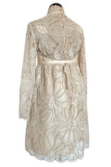 Extraordinary 1960s Donald Brooks Couture Ivory Net Lace & Silk Cord Babydoll Dress