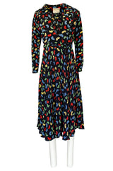 1970s Ossie Clark Celia Birtwell for Quorum Fan Print Front Plunge Dress