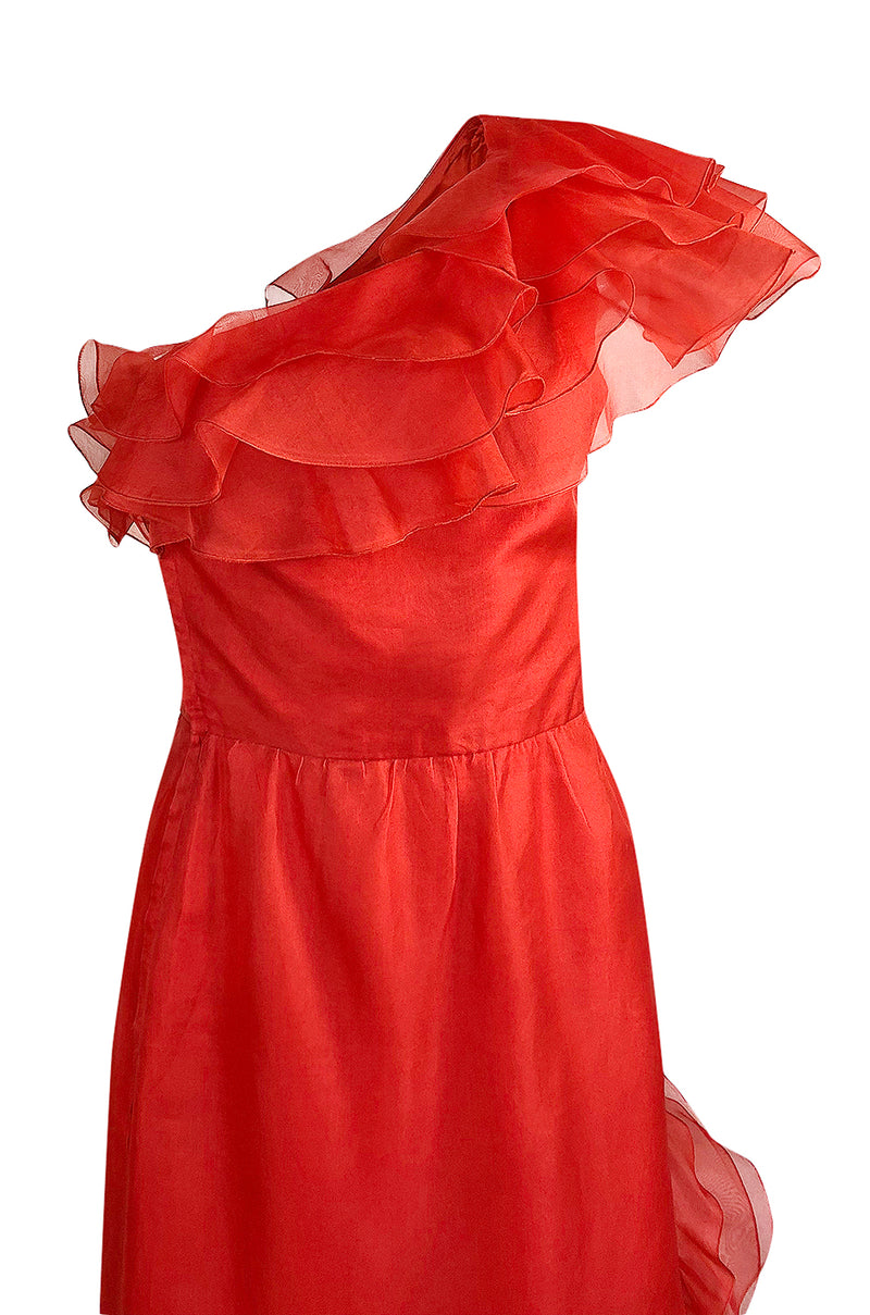 1980s Bellville Sassoon Ruffled Red Chiffon One Shoulder Dress