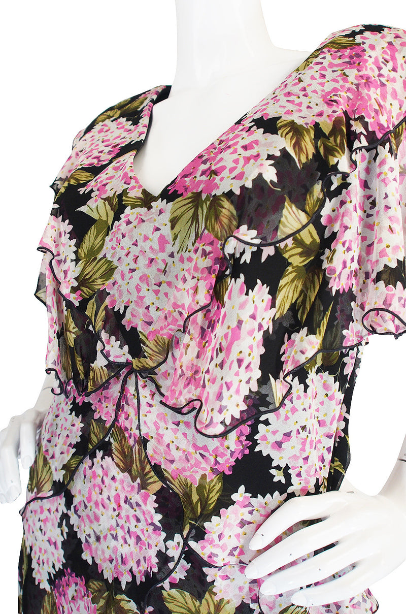 1970s Pink Floral Holly Harp Tiered Silk Dress