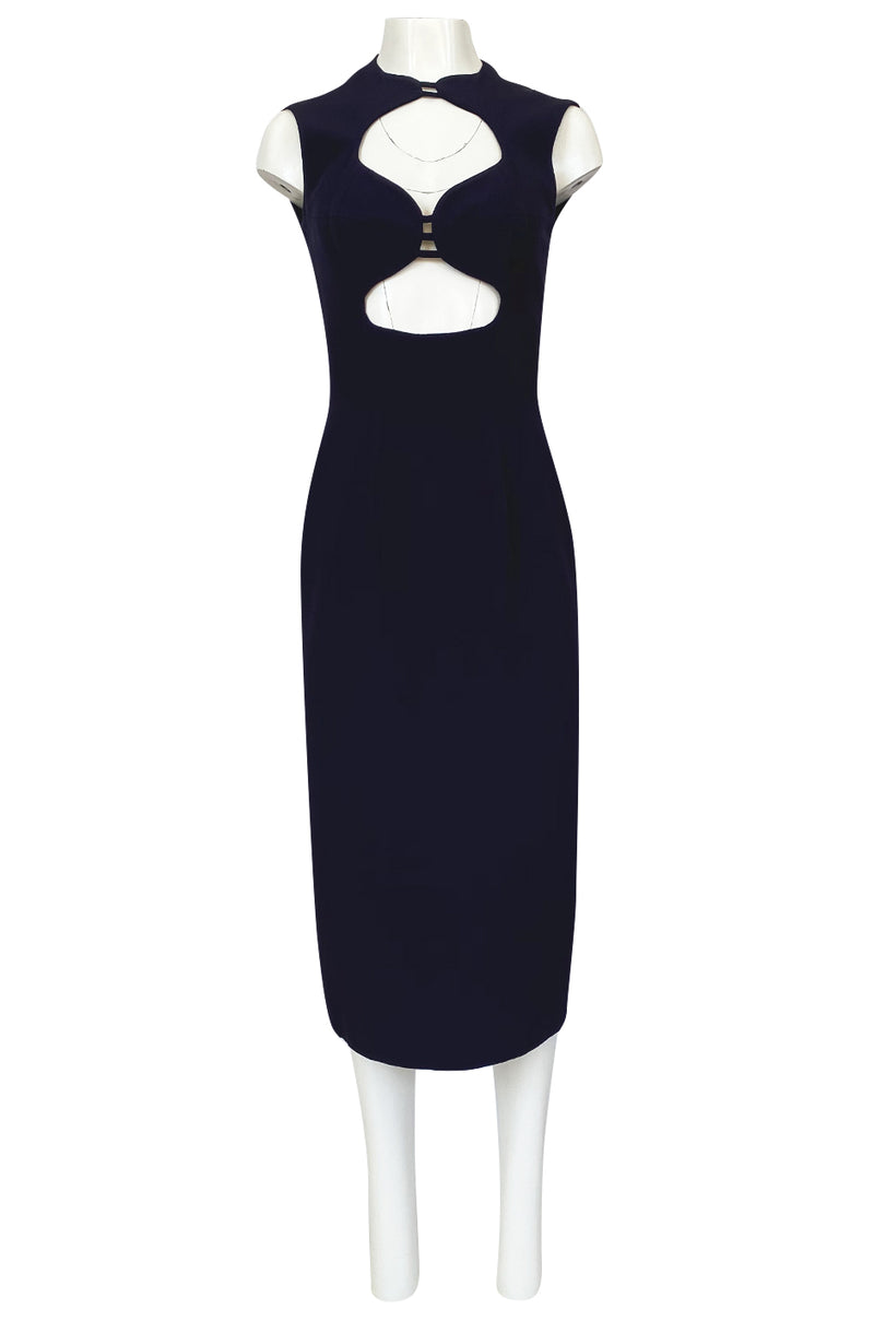 1990s Sophie Sitbon Minimalist Deep Blue Front Cut Out Bralette Dress