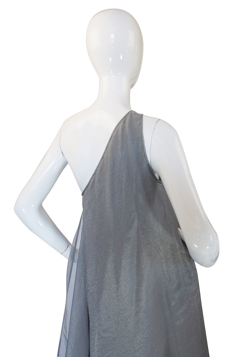 1980s Donna Karan Silver One Shoulder Gown