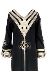 1960s Josefa Black Cotton, Gold Ribbon & Hand Embroidered Caftan Dress