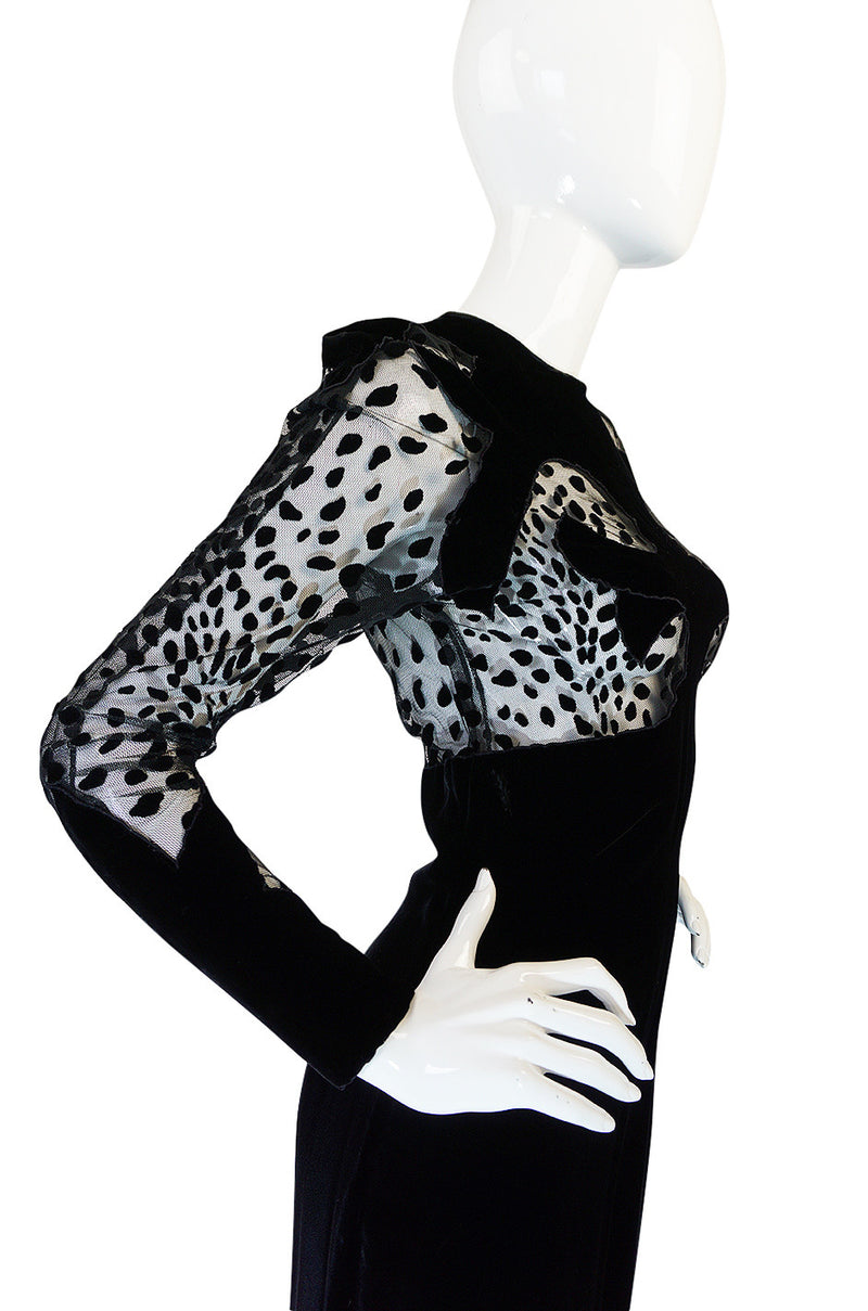 Scandalous 1980s Balmain Sheer Net & Velvet Cut Out Dress