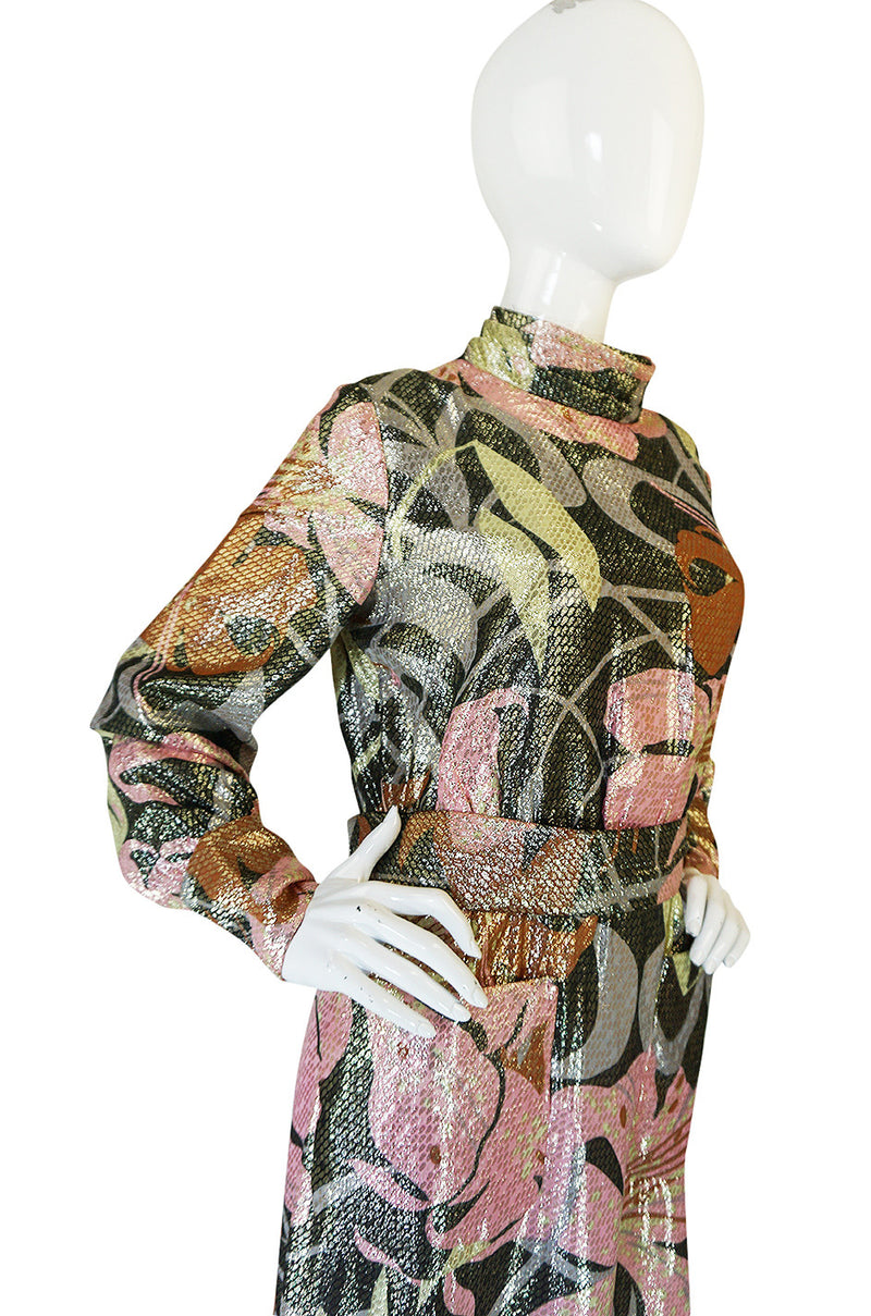1970s Harry Levine Pink Print Lurex Lame Pocket Dress