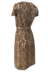 Early 1950s Unlabeled Taupe Ribbon Tape and Net Sheat Dress & Belt