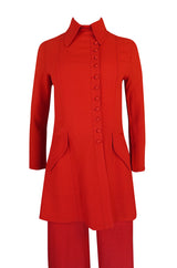 c.1971 Ossie Clark Couture Red Moss Crepe Jacket & Pant Suit