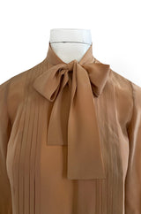 1970s Chanel True Haute Couture Pleated Front Silk Top w Bow & French Cuffs