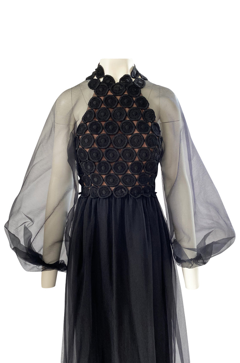 1960s Werle Black Organza & Embroidered Lace Transparent Back Dress
