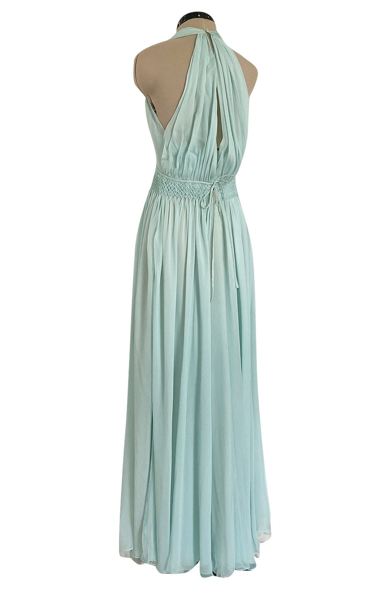 Spring 1976 Chanel Haute Couture Pale Turquoise Silk Chiffon Dress w PinTuck Gathered Front