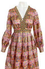 1960s Possible OLDR Metallic Pink & Gold Organza Dress w Gold Braid & Rhinestones