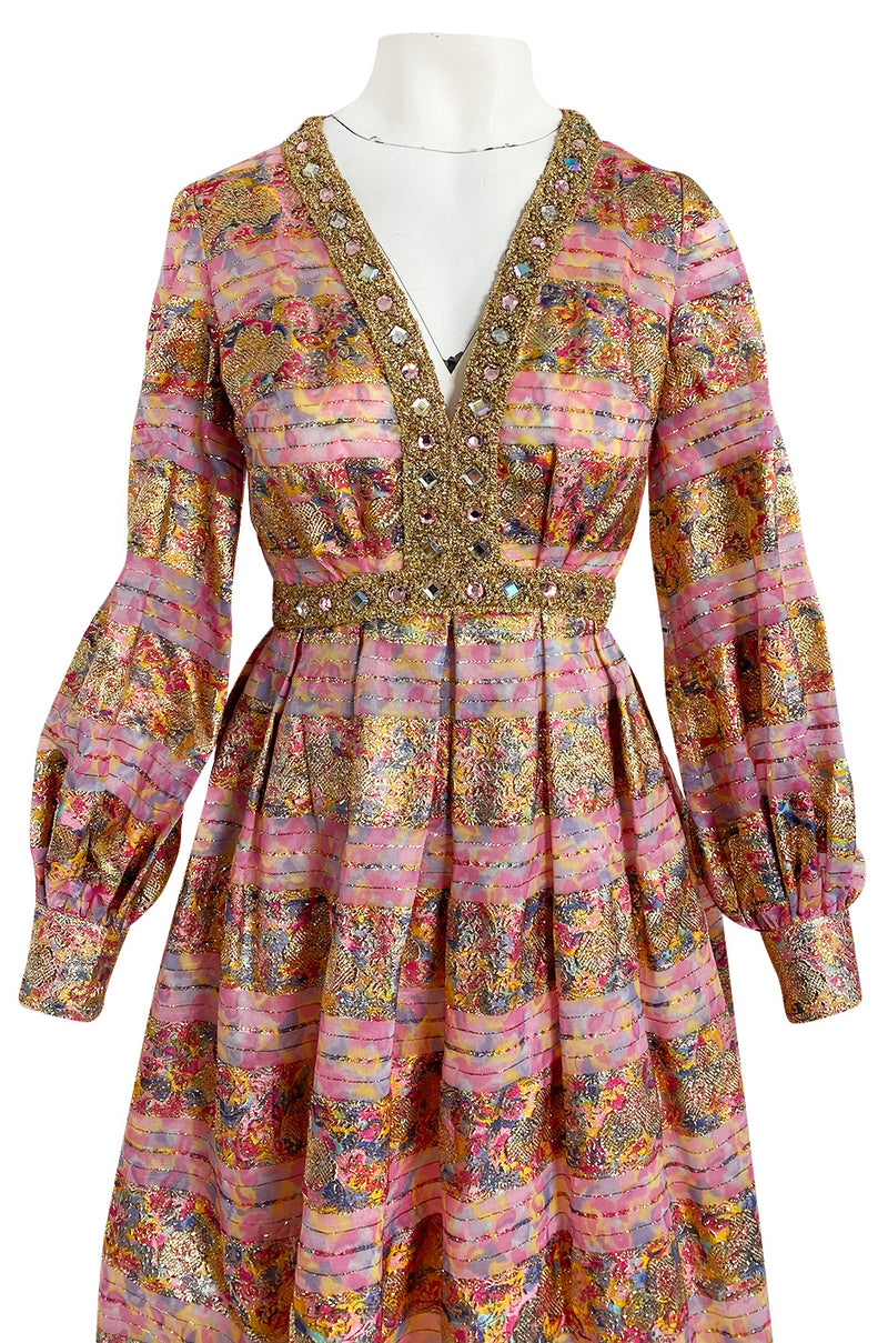 1960s Possible OLDR Metallic Pink & Gold Organza Dress w Gold Braid & Rhinestones