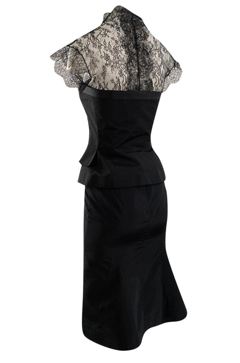 Spring 2004 Alexander McQueen Black Silk Taffeta and Black Lace Detailed Top & Skirt Set