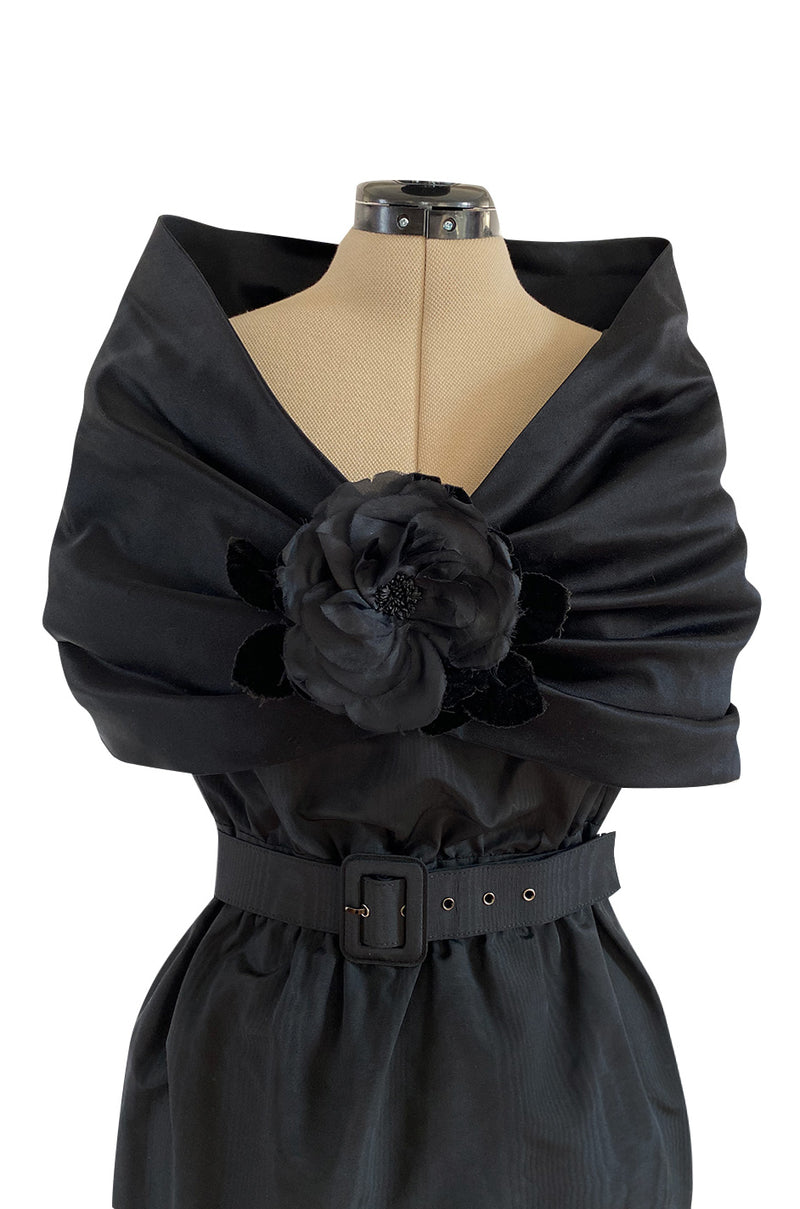Exceptional Late 1970s Ady Couture Lausanne Black Silk Dress w Dramatic Wide Collar Shoulder Wrap