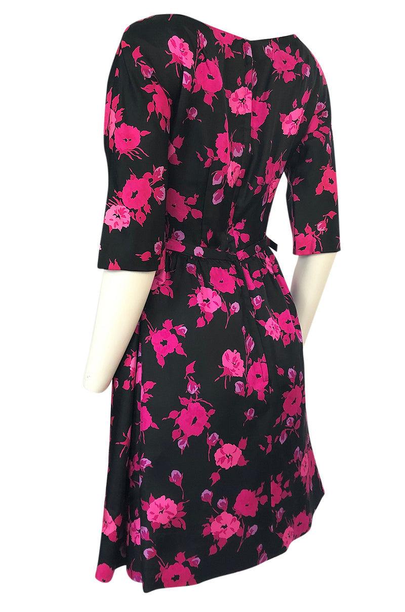 1950s Sylvan Rich for Martini Pink Floral Print on Black Silk Twill Dress