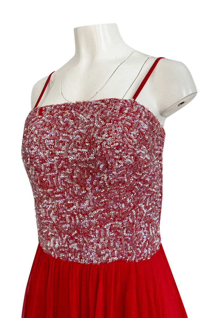 1960s Unlabeled Red Silk Chiffon & Sequin Dress w Matching Cape
