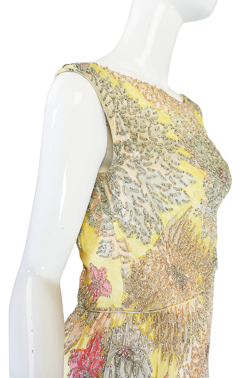 1960s Densely Beaded Malcolm Starr Floral Silk Dress