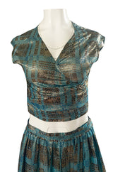 1980s Geoffrey Beene Gold & Turquoise Silk Lame Metallic Skirt & Top Set