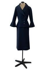 Stunning 1950s Jacques Fath Deep Navy Blue Silk Button Vent & Side Button Jacket Suit