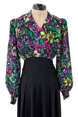Chic 1930s Silky Rayon Vibrant Floral Printed Dress w Flared Black Crepe Skirt