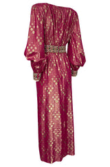1980s Adele Simpson Pink & Gold Metallic Lame Beaded Dress w Beading