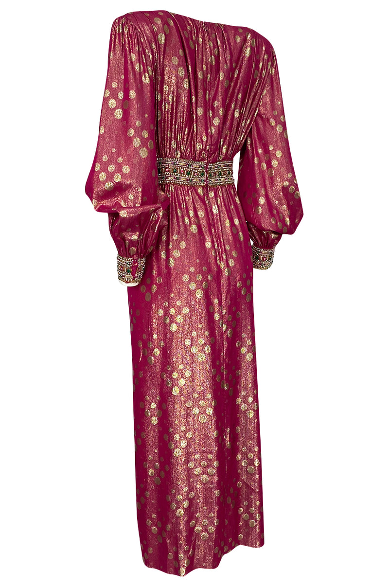 1980s Adele Simpson Pink & Gold Metallic Lame Beaded Dress w Beading