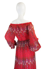 1970s Off Shoulder Silk Print Mollie Parnis Dress