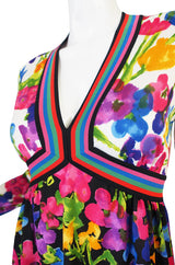 1960s Multi Color Goldworm Plunge Maxi Dress