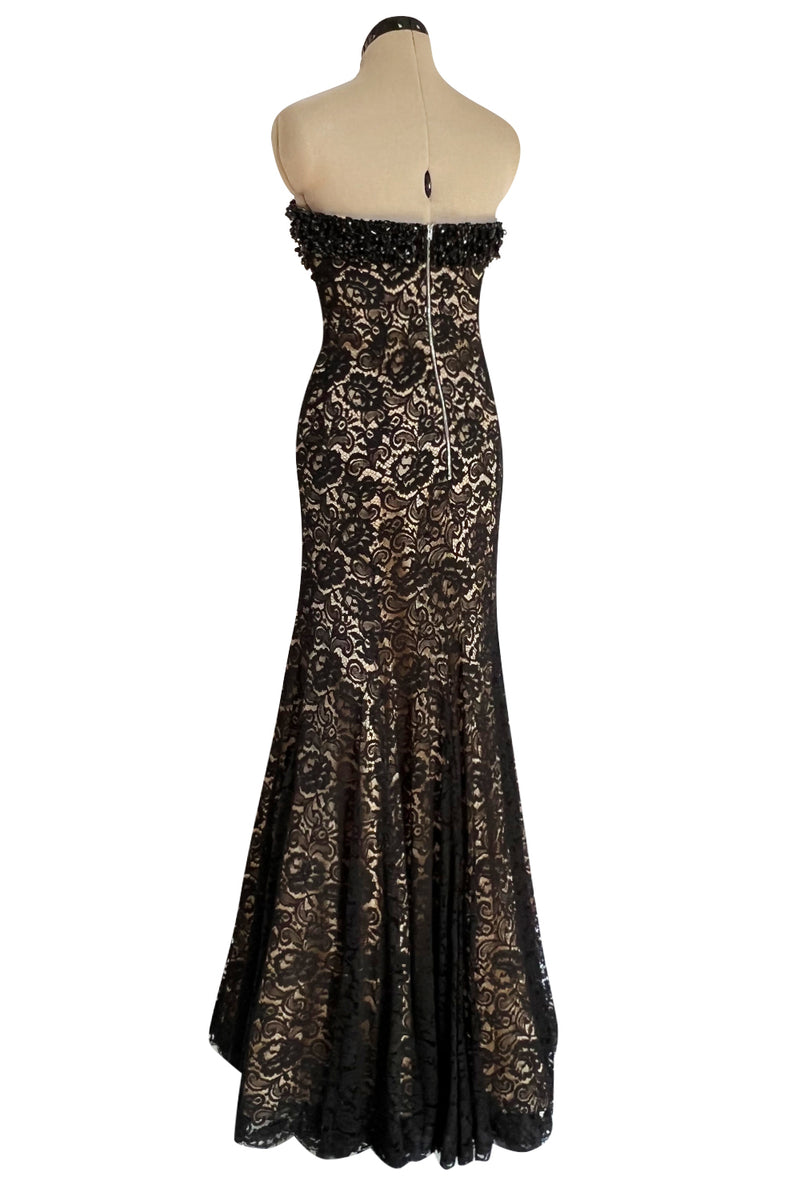 Gorgeous 1990s Isaac Mizrahi Couture Strapless Nude & Black Lace Dress w Beaded Bodice