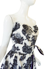 1960s Washed Graphic Floral Print Strapless Gown