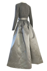 1980s Oscar de la Renta Soft Grey Cashmere & Striped Silk Skirt Dress w Matching Shawl