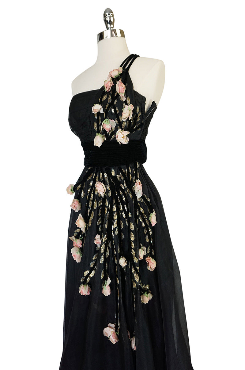 1940s Hand Painted & 3D Floral Detail Black Silk Organza Dress
