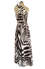 Bold c 1975 Halston One Shoulder Brown & White Zebra Print Full Skirted Cotton Dress