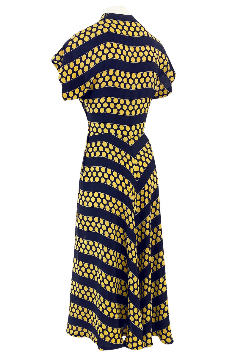 Gorgeous 1940s Yellow Dot & Deep Navy Black Chevron Print Silk Swing D Shrimpton Couture Gorgeous 1940s Yellow Dot & Deep Navy Black Chevron Print Silk Swing D Shrimpton Couture