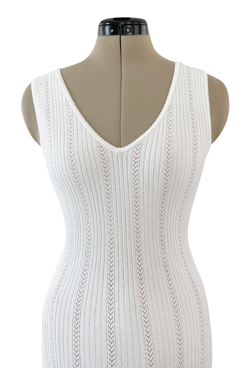 Mid 2000s Azzedine Alaia Supermodel Length White Knit w Nude Underlay Illusion Dress