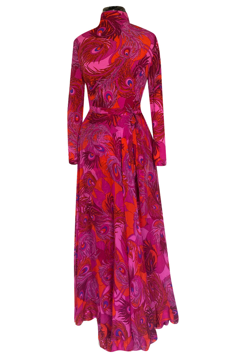 1972 La Mendola Silk Jersey Dress w Skirt Chiffon Skirt in the 'Paridiso' Peacock Feather Print