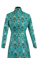 Gorgeous 1970s Mollie Parnis Turquoise Dress w Metallic Gold & Silver Detailing