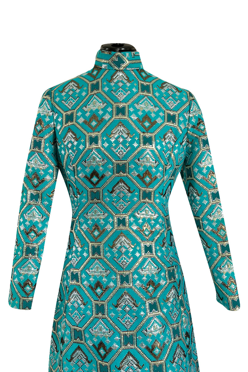 Gorgeous 1970s Mollie Parnis Turquoise Dress w Metallic Gold & Silver Detailing