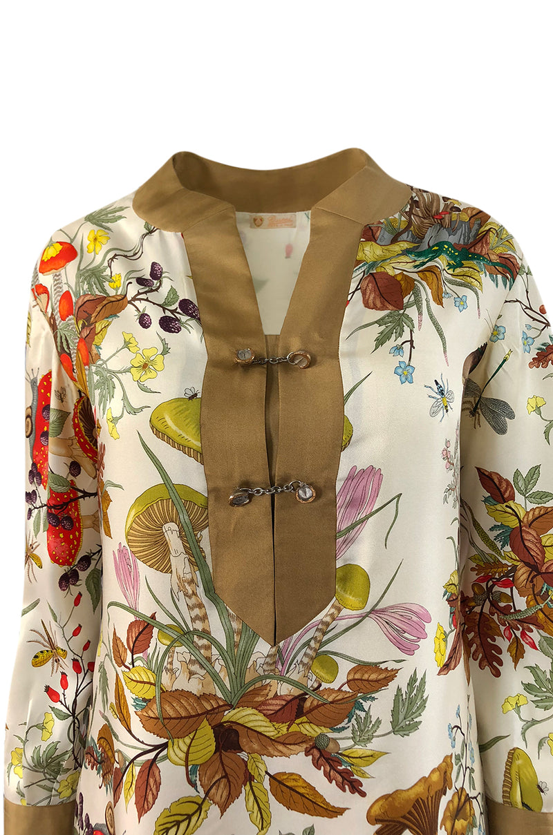 1970s Gucci Ad Campaign Flora Fauna Screen Printed Silk Shift Dress