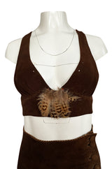 1960s North Beach Leather Suede & Feather Halter Top & Wrap Skirt Set
