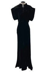 Stunning 1930s Black Silk Velvet Bias Cut Dress w Top Stitched Sleeves & Silver Glitter Buttons