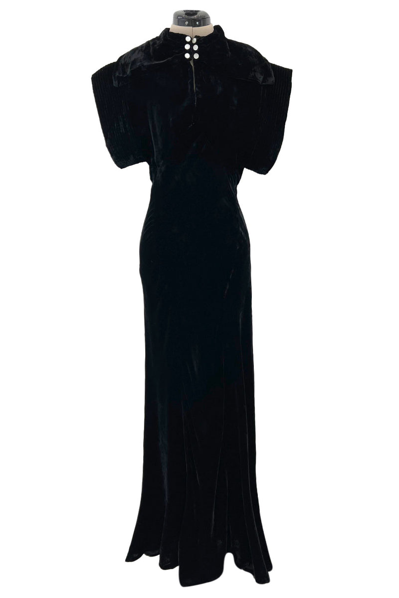 Stunning 1930s Black Silk Velvet Bias Cut Dress w Top Stitched Sleeves & Silver Glitter Buttons