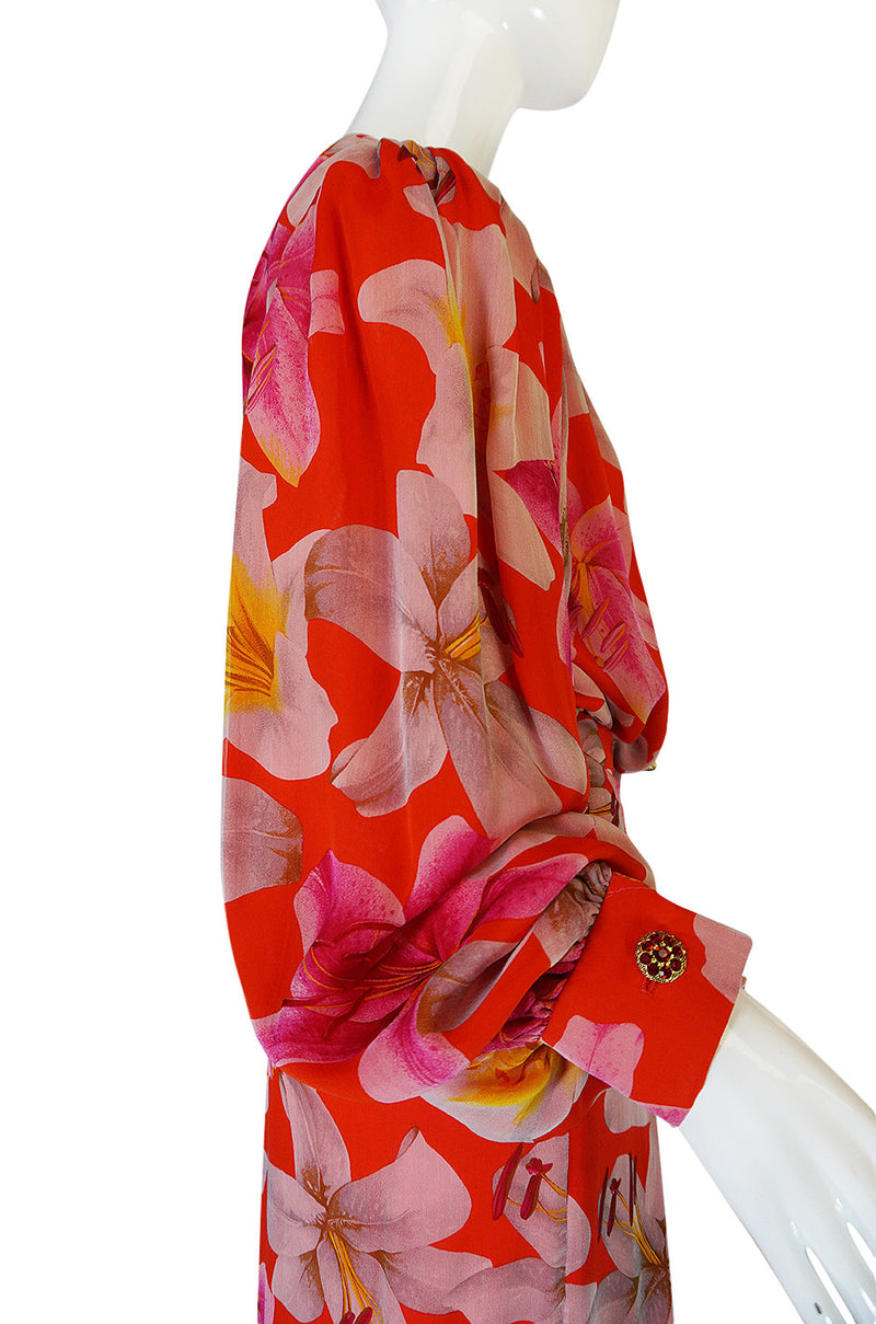 1980s Galanos Brilliant Floral Silk Chiffon Pant & Jacket Set