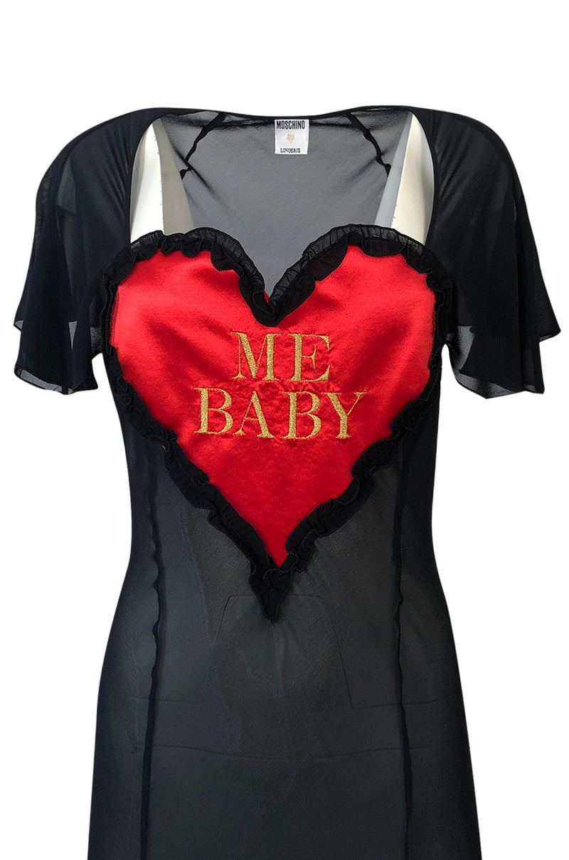 1990s Moschino Love Me Baby Red Heart on Black Net Lingerie Dress
